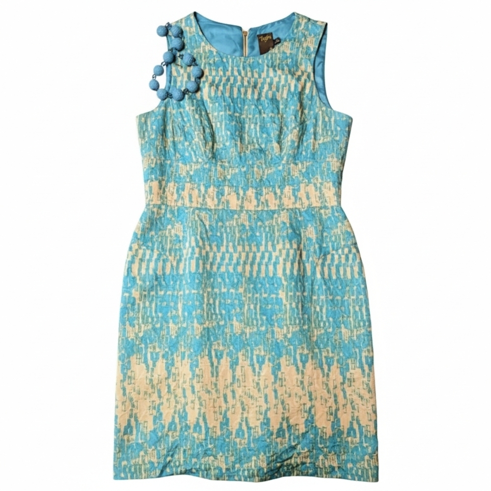 Anthropologie Taylor Abstract Cutout Sheath Dress Blue Tan Size 10